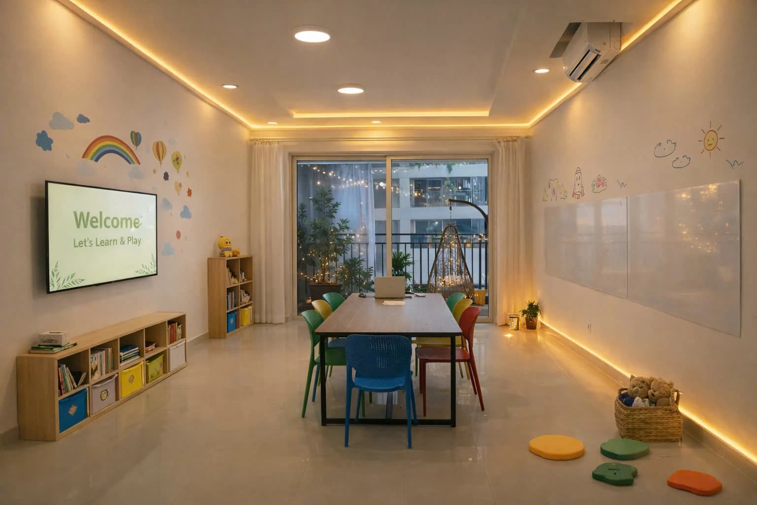 The classroom — colourful chairs around a central table, ambient warm lighting